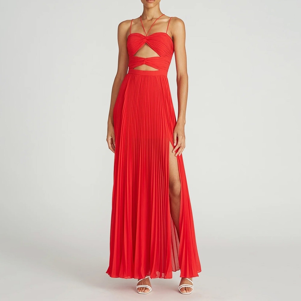 AMUR Lana Red Pleated Cutout Maxi Dress Spaghetti Strap Size 2 Rose Red Feminine